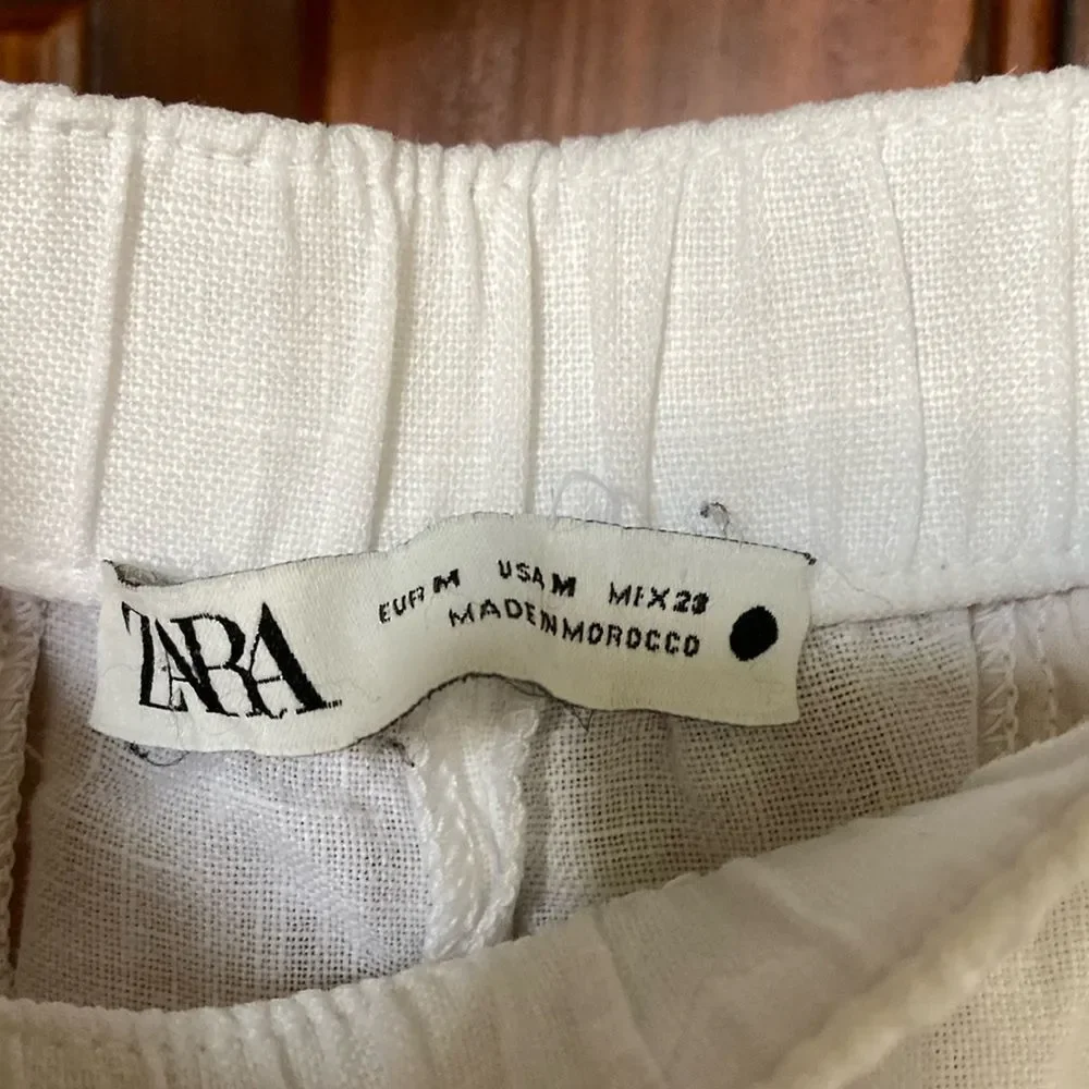 ZARA 100% Linen White Tapered Pull On White Pants With Pockets Size M